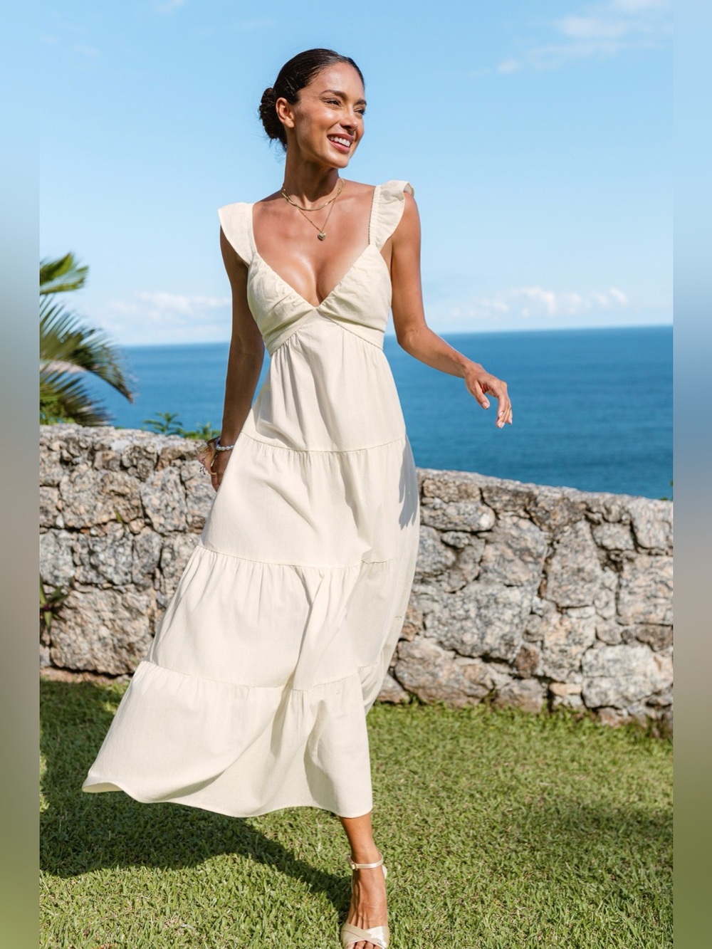 Buttercream Beige Plunging Ruffle Sleeveless Tiered Maxi Dress